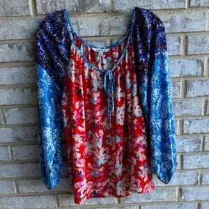 The Pioneer Women Tie V-Neck Floral Print Long Sleeve Blouse Women's Size L.